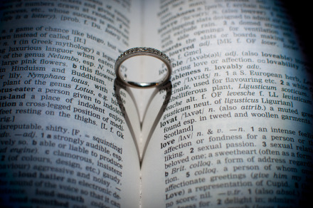 Wedding band casting a love heart shadow in a dictionary, dictionary page is on love